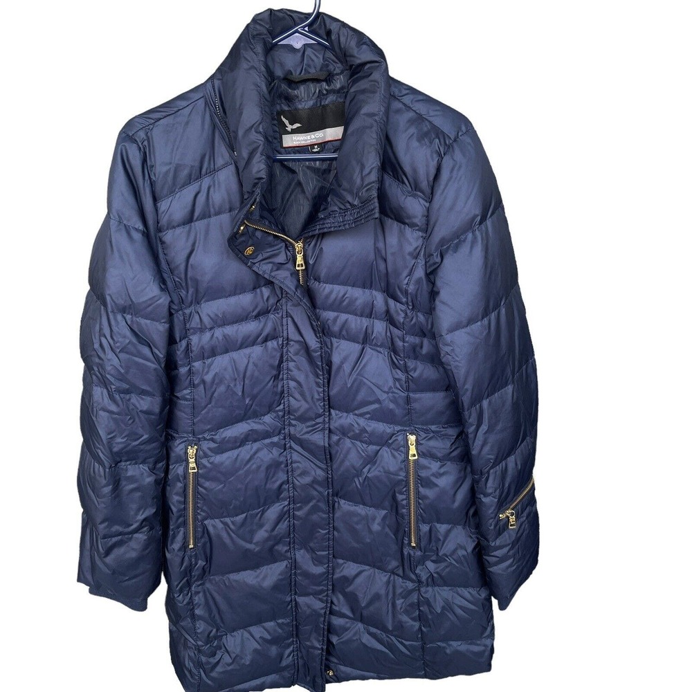 Hawke & Co Puffer Jacket Womens Medium Blue‎ Longline Full Zip Goldtone Accent